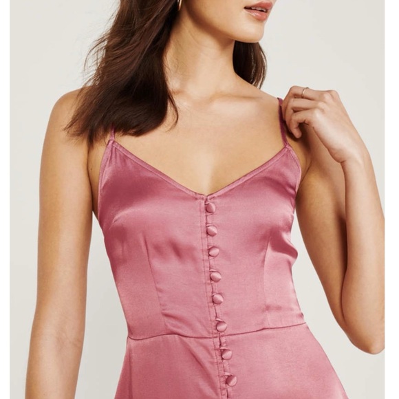 NWT Abercrombie & Fitch Button-Up Mini Satin Slip Dress in Pink - Picture 3 of 12